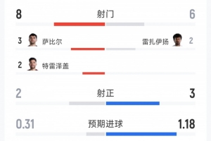 埃及与伊朗半场数据：射门比8-6，射正比2-3，得分机会比0-3