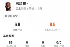 35岁巴坎布此役射门未中 2次突破2次越位+1次关键传球 9次对抗6次成功 得6.9分
