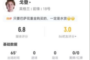 戈登一射一正 5次过人2次成功 2次关键传球+12次丢失球权+3次造犯规 得分6.8分