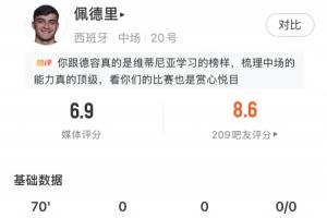 热区图显对方半场密集！佩德里全场表现：传球达成率85.3%，得分6.9分